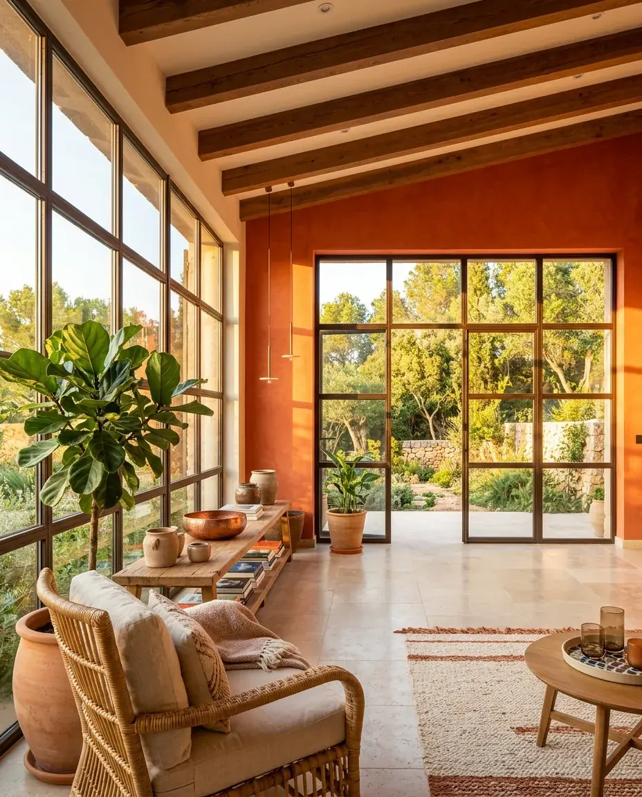 Freshly painted living room in warm terracotta with a beamed ceiling